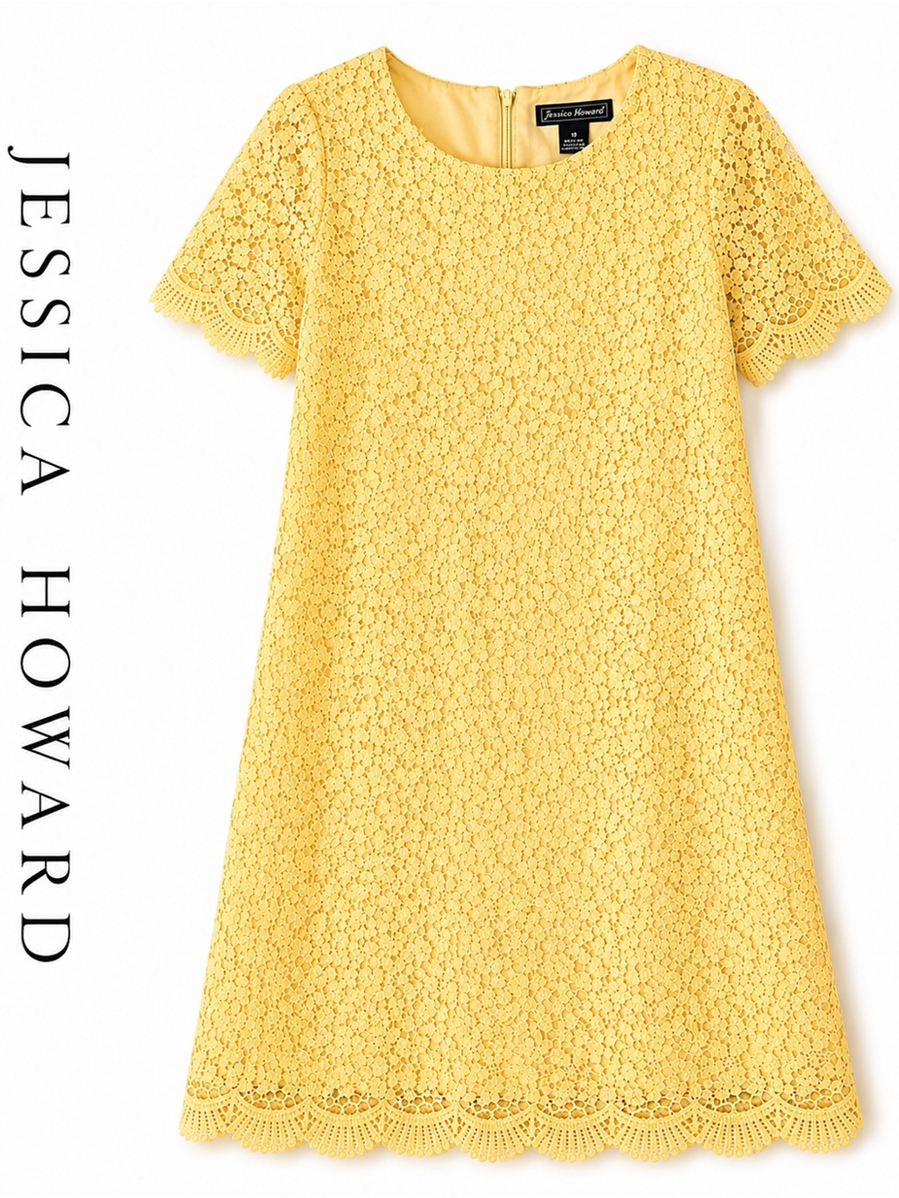 Jessica Howard Yellow Lace Midi Dress with Scalloped Hem